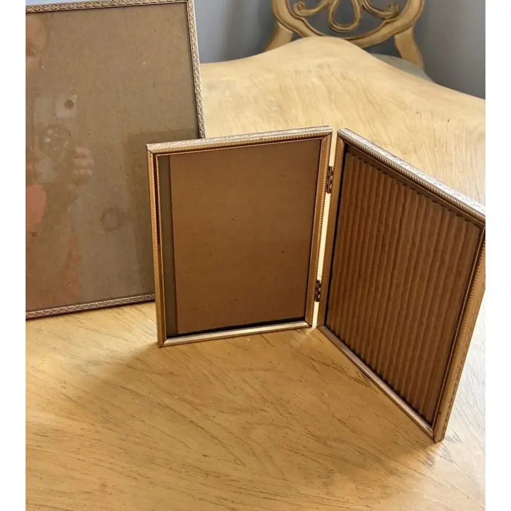 2 Vtg Mid Century Gold Tone Metal Picture Frame Single & Bifold Hinged 70s Set 2
